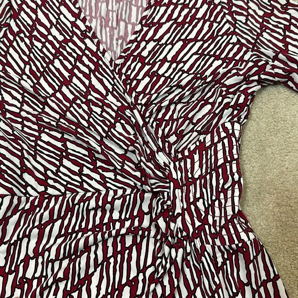 Laundry by Design Red White Print 3/4 Sleeve Faux Wrap Dress Women Size 0